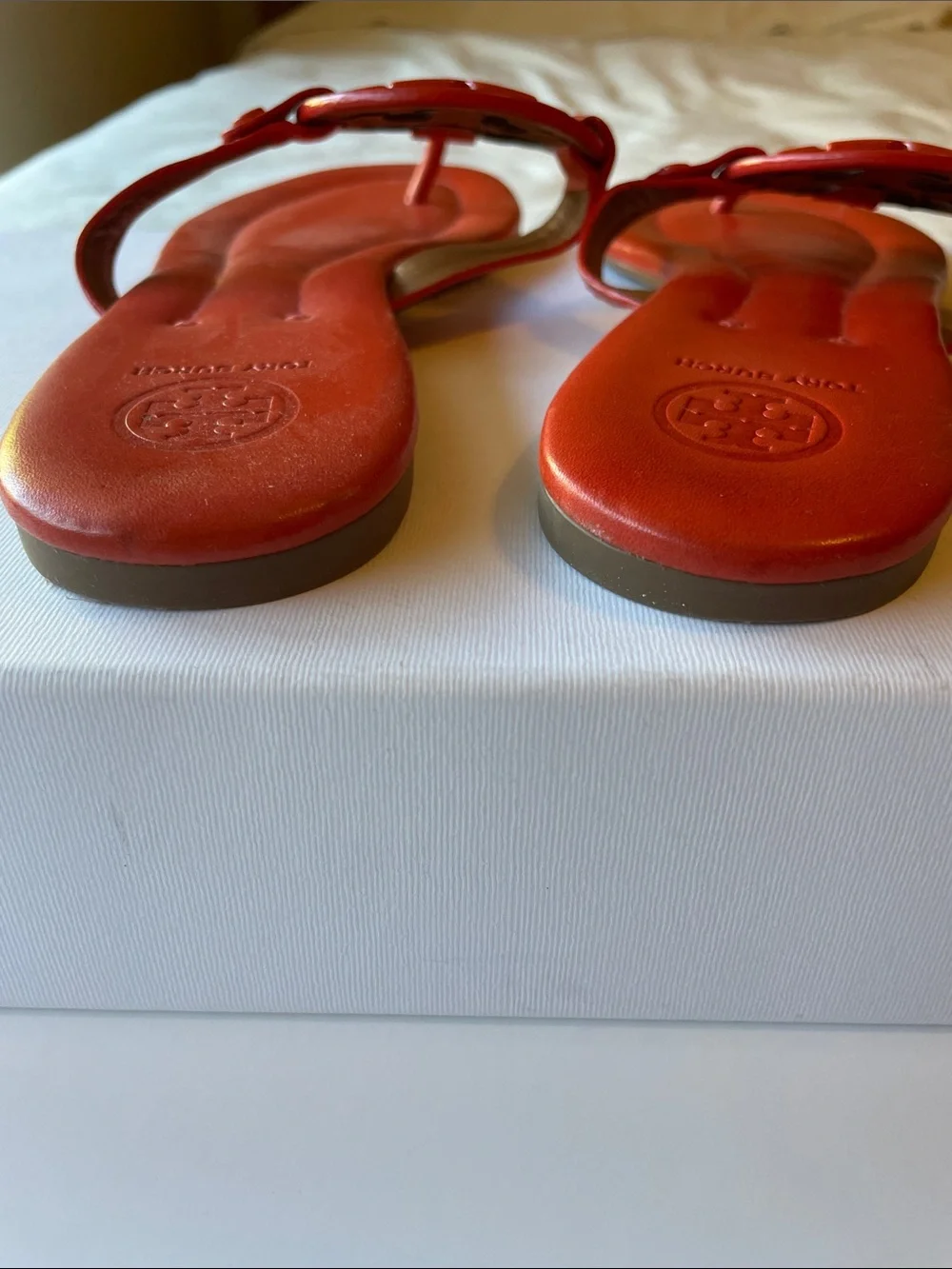 Tory Burch Women's Leather Miller Thong Sandals in Orange Coral Metal Logo